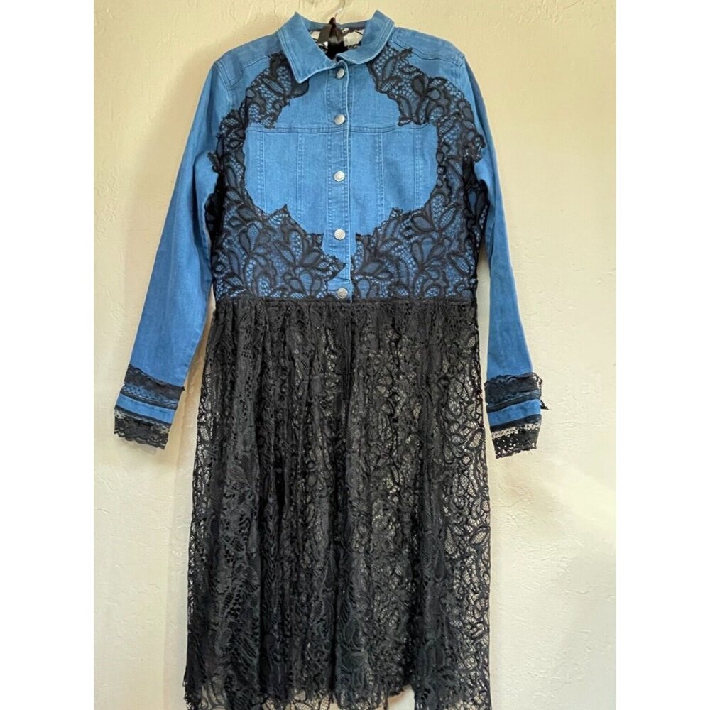 The Pyramid Collection Womens Denim Lace Jacket Dress Medium Long Sleeve Black